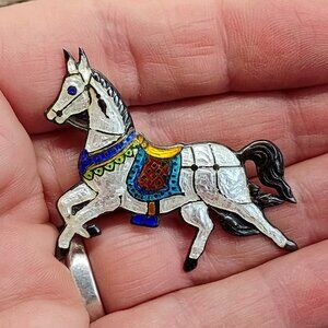 Vintage Guilloche Enamel Horse Brooche Sterling Silver 1.5" Tall x 2" Wide